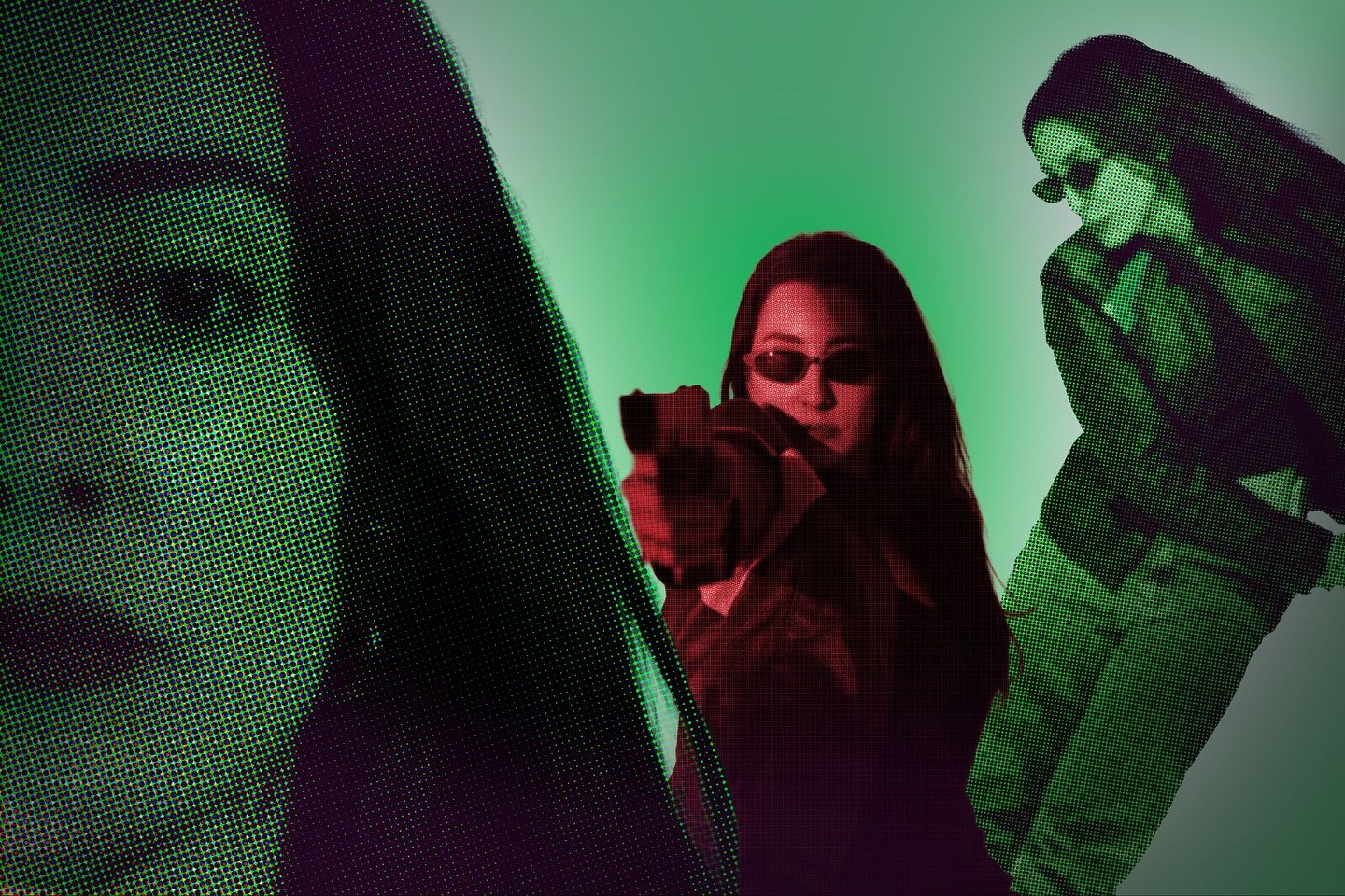 A layered composite of three images: a halftone-patterned face in green and black on the left, a woman pointing a camera lens toward the viewer in red tones at centre, and a figure glancing over her shoulder in green at right.