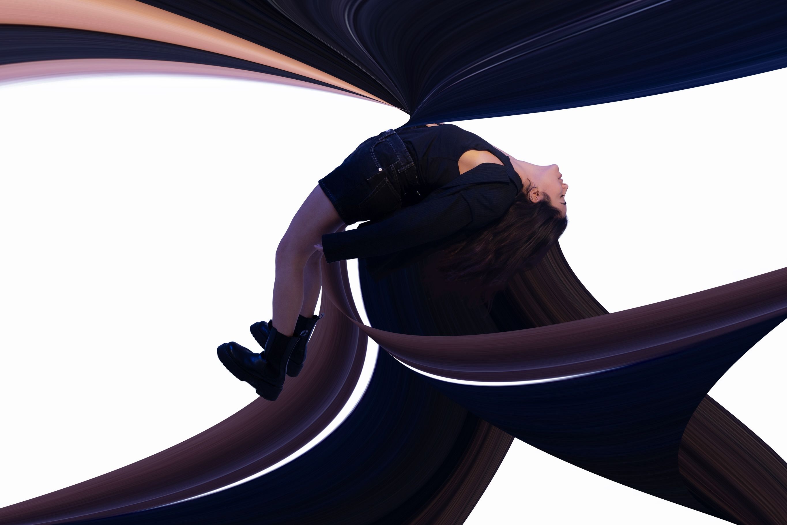 The same bent-backward pose surrounded by swirling motion trails, this version tinted warm pink and tan.