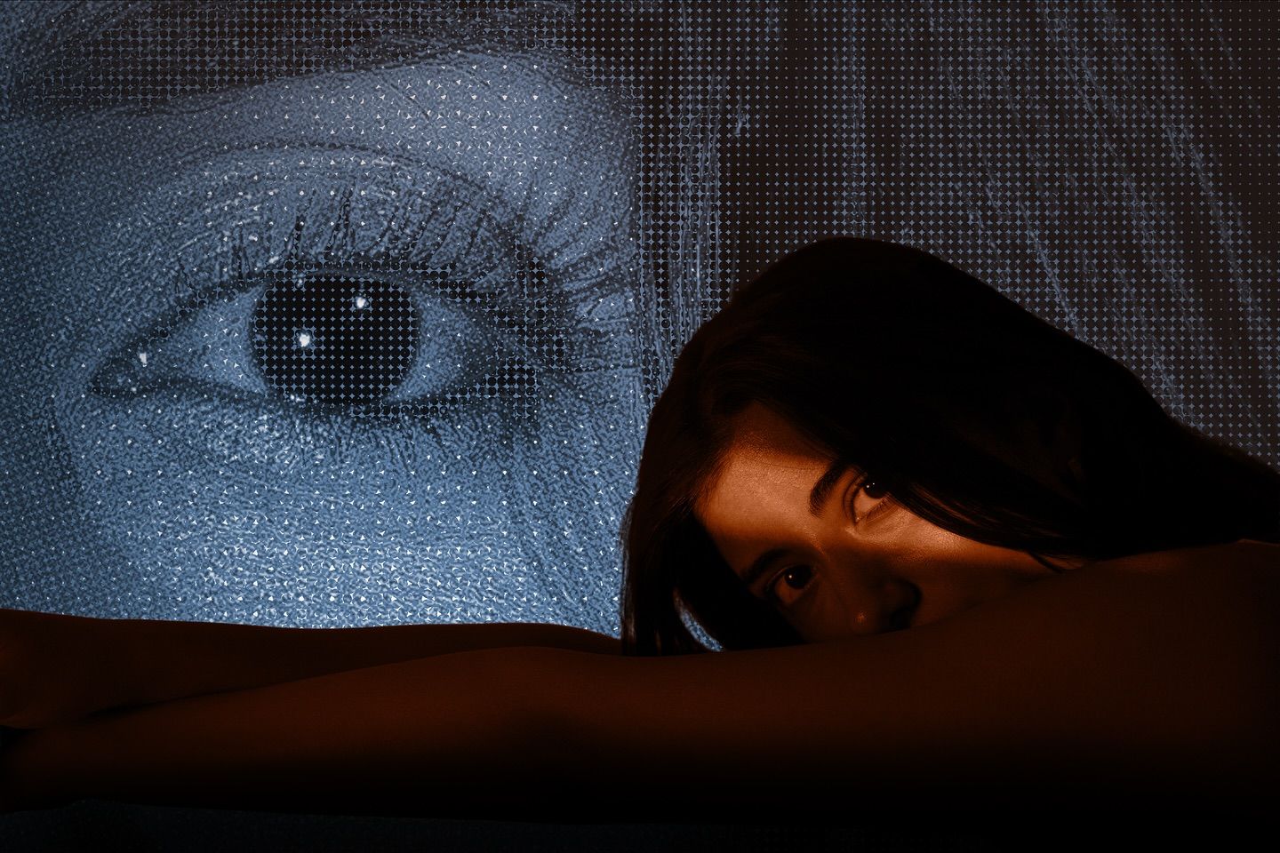 A close-up split frame: a giant halftone-textured eye on the left beside a woman's face half-hidden behind her arm and hair, lit in warm orange, on the right.